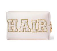 Trousse de Maquillage Preppy Patch Extra Large Varsity Chenille Letter Makeup Bag PU Leather Waterproof Portable Cosmetic Toiletry Organizer Gift(Hair)