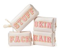 Trousse de Maquillage Preppy Patch Extra Large Varsity Chenille Letter Makeup Bag PU Leather Waterproof Portable Cosmetic Toiletry Organizer Gift pour Femme(4PCS)