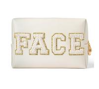 Trousse de Maquillage Preppy Patch Extra Large Varsity Chenille Letter Makeup Bag PU Leather Waterproof Portable Cosmetic Toiletry Organizer Gift(Face)