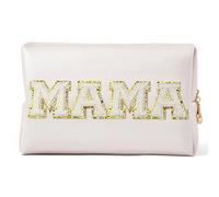Trousse de Maquillage Preppy Patch Extra Large Varsity Chenille Letter Makeup Bag PU Leather Waterproof Portable Cosmetic Toiletry Organizer Gift pour Femme(Mama(White))