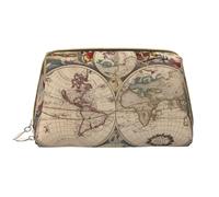 Trousse de maquillage rétro en cuir avec fermeture éclair et motif carte du monde pour la maison, les voyages, pour organiser des articles de toilette divers, blanc, Taille unique