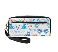 Trousse de maquillage réutilisable - Éléments de hockey créatifs à motifs imprimés en cuir Petite trousse de maquillage pour voyage, organisateur de toilette avec fermeture éclair, noir, One Size