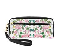 Trousse de maquillage réutilisable - Flamant rose oiseau feuilles rondes imprimé petite trousse de maquillage en cuir pour voyage, organisateur de toilette avec fermeture éclair, noir, One Size