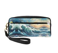 Trousse de maquillage réutilisable - Organiseur de toilette de voyage, motif vague, voilier, mouette, petite pochette en cuir imprimé pour femme, Noir , Taille unique