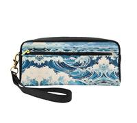 Trousse de maquillage réutilisable - Organiseur de toilette de voyage, Ukiyo-e Style Waves Full Print en cuir pour femme, Noir , Taille unique
