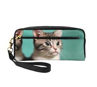 Trousse de maquillage réutilisable - Organiseur de toilette de voyage, une petite pochette en cuir imprimé chat curieux pour femme, Noir , Taille unique