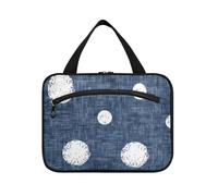 Trousse de maquillage ronde à pois blancs sur fond bleu denim à suspendre avec crochet, trousse de maquillage essentielle de designer pour femme organisateur de voyage pour maquillage para L