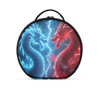Trousse de maquillage ronde de voyage pour maquillage - Trousse de rangement portable - Pinceaux de maquillage - Accessoires de bijoux - Bleu et rouge - Dragon Showdown, Confrontation du Dragon Rouge