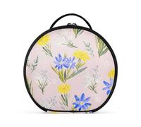 Trousse de maquillage ronde de voyage pour maquillage - Trousse de rangement portable - Pinceaux de maquillage - Accessoires de bijoux - Motif marguerites jaunes bleues, Marguerite bleue jaune, Taille