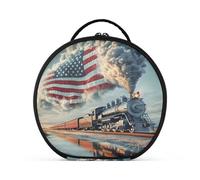 Trousse de maquillage ronde pour voyage - Trousse de maquillage portable - Pinceaux de maquillage - Accessoires de bijoux - Le train vole le drapeau américain, Le train vole le drapeau américain
