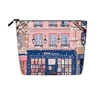 Trousse de Maquillage Rose à Motif librairie, idéale pour Les Voyages. Grande Pochette cosmétique, résistante à l'eau, Aspect Lin, avec Fermeture éclair. Dimensions : 24 x 17 cm. Cadeau Parfait.