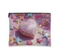 Trousse de maquillage scintillante en forme de coquillage pastel avec étoile et cœur pour femme, petite pochette portable en toile à fermeture éclair, cadeau de plage, trousse de toilette organisateur