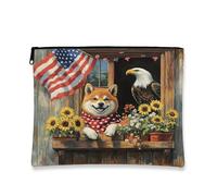 Trousse de maquillage Shiba Inu du 4 juillet 17,8 x 22,9 cm pour sac à main de voyage, trousse à maquillage motif ferme pour femme, anniversaire patriotique, organiseur portable en toile avec