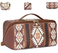 Trousse de maquillage style bohème occidental, trousse de maquillage décontractée en PU colorblock, pochette de rangement portable polyvalente et étanche, trousse de maquillage grande capacité pour le