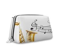 Trousse de maquillage sur le thème de la musique, vieux saxophone avec notes de musique, organiseur en cuir, trousse de toilette réutilisable, jaune, noir, blanc, M, Jaune, noir, blanc_2, Taille