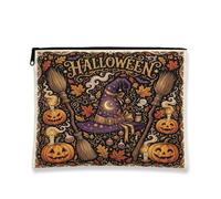Trousse de maquillage sur le thème du chapeau de sorcière d'Halloween 17,8 | Illustration de sorcière vintage, trousse de maquillage, accents de feuillage d'automne, thème Jack-o-lanterne