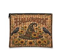 Trousse de maquillage sur le thème du corbeau et chapeau de sorcière | Esthétique gothique automnale, trousse de maquillage zippée, accents de tournesol, illustrations de corbeau