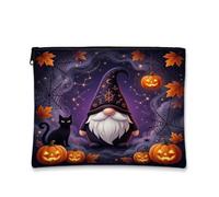 Trousse de maquillage sur le thème du nain de sorcière d'Halloween, violet | Thème mystique effrayant, trousse de maquillage, motif chat, accents de citrouilles orange vif, décoration d'automne