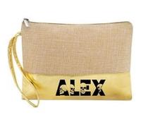 Trousse de maquillage Taperso en jute dore personnalisable motif prenom avec des tetes de mort Dore G