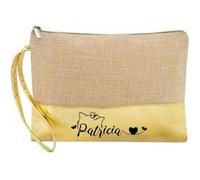 Trousse de maquillage Taperso en jute dore personnalisable motif prenom chat et papillon Dore