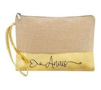 Trousse de maquillage en jute dore personnalisable motif prenom love