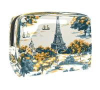 Trousse de maquillage Tour Eiffel City Trees pour femme, trousse de toilette de voyage, grande trousse de maquillage en PVC pratique avec fermeture éclair, multicolore, 18.5x7.5x13cm/7.3x3x5.1in