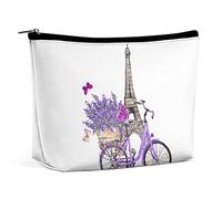 Trousse de Maquillage Tour Eiffel Vélo Lavande en Cuir PU Trousse de Maquillage étanche pour Sac à Main/Trousse de Maquillage/Trousse de Toilette Paris France Aquarelle Trousse de Maquillage de Voya