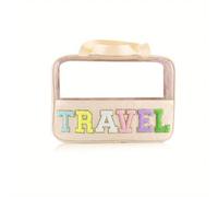 Trousse De Maquillage Translucent Wash Bags Travel Makeup Bags with Letter Patches Large Clear Make Up Bags Zipper Pouch with Handle Bath Organizer Trousse Maquillage Femme(Beige)