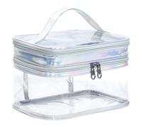 Trousse de maquillage transparente - Double couche de maquillage - Grand organisateur de voyage - Design transparent étanche avec fermeture éclair durable - Rangement pour femme et fille, Argent