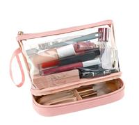 Trousse de maquillage transparente en PVC 22 x 9 x 16 cm - Étanche - Double couche - Grande capacité - Organiseur de toilette de voyage pour femmes, accessoires, pinceaux, maquillage , rose
