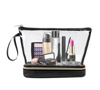 Trousse de maquillage transparente en PVC 22 x 9 x 16 cm - Étanche - Double couche - Grande capacité - Organiseur de toilette de voyage pour femmes, accessoires, pinceaux, maquillage , Noir