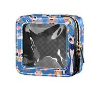 Trousse de maquillage transparente pour filles - Motif damier rétro - Groovy - Motif floral - Pour soins de la peau, Lémuriens Madagascar sur motif bleu, 1 Size