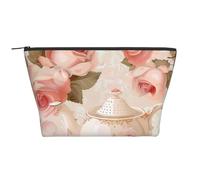 Trousse de maquillage trapézoïdale avec motif visage de femme avec paillettes violettes et rembourrage en mousse pour salle de sport, bureau et week-end, Tasses à thé romantiques avec roses, Taille