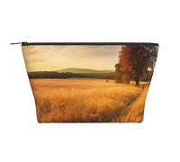 Trousse de maquillage trapézoïdale noire et bleue avec impression libellule pour femmes et filles, grande capacité, sac de voyage portable pour maquillage, pochette de maquillage, Paysage d'herbe