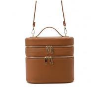 Trousse de Maquillage, Trousse de Maquillage Voyage Double Couche avec poignées et Sangle, Organisateur en Cuir PU pour Femme, Toilette Marron