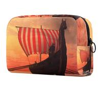 Trousse de maquillage Viking Boat Sails to New Shores pour femme, trousse de toilette de voyage, grande pochette de maquillage pratique avec fermeture éclair, multicolore, 18.5x7.5x13cm/7.3x3x5.1in,