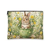 Trousse de maquillage vintage à motif floral, lapin mignon dans une tasse à thé, pochette de voyage pour femme, organiseur portable en toile avec fermeture éclair, trousse de toilette de printemps