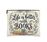 Trousse de maquillage vintage à motif floral, « Life Is Better » avec motif de livres, pochette de voyage pour femme, organiseur portable en toile avec fermeture éclair, idéale pour les amateurs de