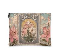 Trousse de maquillage vintage à motif floral - Pêche Lily - Pochette de voyage botanique pour femme - Petite trousse de maquillage portable en toile avec fermeture éclair - Trousse de toilette