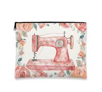 Trousse de maquillage vintage à motif floral pour femme, petite pochette de voyage portable en toile avec fermeture éclair, trousse de toilette cadeau de couture, pêche, 7x9 Inch, Machine à coudre
