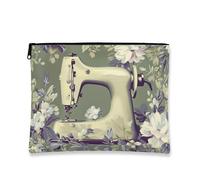 Trousse de maquillage vintage à motif floral pour femme, pochette de voyage portable en toile avec fermeture éclair, trousse de toilette quotidienne, vert, 7x9 Inch, Machine à coudre