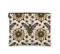 Trousse de maquillage vintage abeille, tournesol jaune, pochette de voyage pour femme, organiseur portable en toile avec fermeture éclair, trousse de toilette cadeau de printemps, jaune, 7x9 Inch