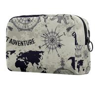 Trousse de maquillage vintage avec boussole et globe pour femme, trousse de toilette de voyage, grande pochette de maquillage pratique avec fermeture éclair, multicolore, 18.5x7.5x13cm/7.3x3x5.1in,