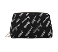 Trousse de maquillage vintage avec imprimé saxophone blanc, trousse de toilette de voyage pour femme, grande capacité, trousse de maquillage en cuir, trousse de maquillage, jolie pochette de