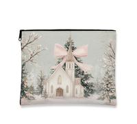 Trousse de maquillage vintage avec nœud en pêche, pochette de voyage pour femme, petite trousse de toilette portable en toile à fermeture éclair, trousse de toilette de Noël, pêche, 7x9 Inch, Église