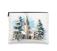 Trousse de maquillage vintage d'hiver pour femme, motif paysage enneigé, trousse de maquillage portable pour femmes, organisateur de toilette de vacances, blanc, 7x9 Inch, Église