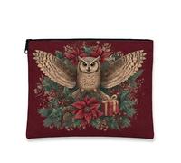 Trousse de maquillage vintage en forme de hibou, pochette cosmétique festive pour femme, organiseur portable en toile avec fermeture éclair, trousse de toilette de Noël, bordeaux, 7x9 Inch, Chouette