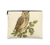 Trousse de maquillage vintage en forme de hibou pour femme, pochette cosmétique botanique portable en toile avec fermeture éclair, trousse de toilette festive d'hiver, beige, 7x9 Inch, Chouette