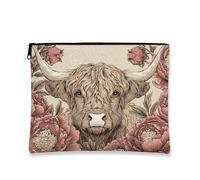 Trousse de maquillage vintage en forme de vache avec motif de pivoine florale pour femme, petite trousse portable en toile avec fermeture éclair, choix parfait pour les festivals, marron, 7x9 Inch