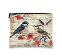 Trousse de maquillage vintage en toile avec fermeture éclair, cadeau d'automne et de rossignol pour femme, bleu, 7x9 Inch, Oiseau